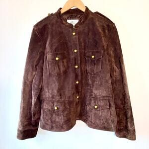 VTG Aria Brown Suede‎ Leather Jacket Womens XL Equestrian Military Brass Button